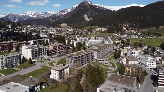 Aerial of the city of Davos in summer. Davos, Switzerland.