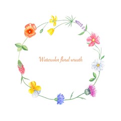 Wreath with meadow flowers, watercolor illustration