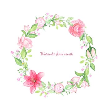 Floral wreath of pink flowers and leaves on white background
