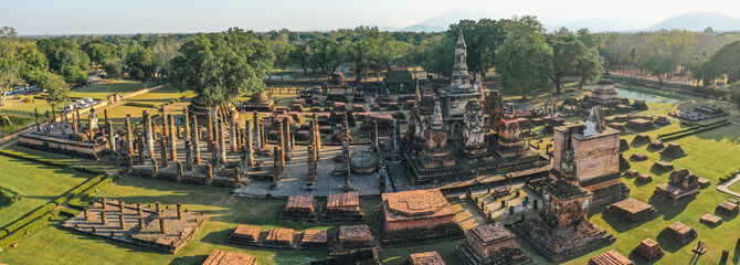 Aerial view of Wat Mahathat buddha and temple in Sukhothai Historical Park