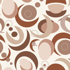 Seamless pattern in pastel colors from circles and crescents of different shapes and sizes on a light isolated background. Geometric abstract background of simple shapes.