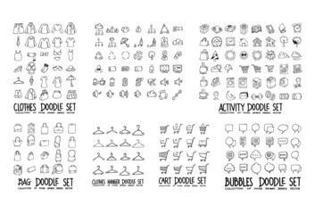 Doodle Vector collection of Clothes, Activity, Bag, Clothes Hanger, Cart and Speech bubbles eps10
