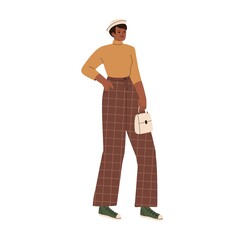 Black woman wearing fashion clothes. Female in stylish trendy apparel. Girl in modern outfit, hat, checkered pants, turtleneck, sneakers, bag. Flat vector illustration isolated on white background