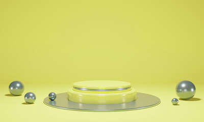 Blank podium for product with silver ball. Mock up winner podium cylinder block, 3d render illustration, pedestal isolated on yellow gray background,  abstract minimal concept 