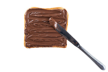 Slice of toast bread with chocolate hazelnut paste and knife isolated on white.