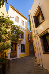 Venetian architecture in narrow stone streets of old town Chania in Crete, Greece