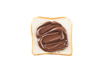 Slice of toast bread with chocolate hazelnut paste isolated on white background, top view, flat lay.