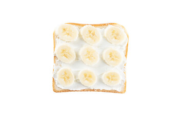 Slice of toast bread with cream cheese and sliced banana isolated on white background.