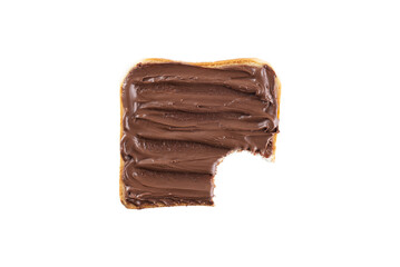 A slice of toast bread with chocolate hazelnut spread with a bitten edge isolated on a white...