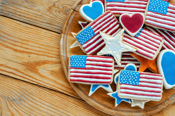 home baking cookies icing like american flag. patriotic background for US national holidays, happy Memorial Day	
