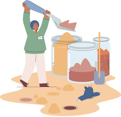 Soil analysis and earth pollution metaphor or structure control. Nutrients microorganism composition research ground layer structure sample. Soil laboratory test. Scientist measuring levels status
