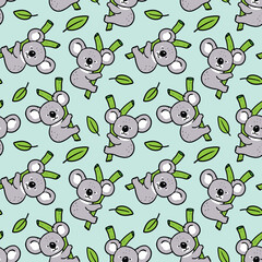 Obraz premium Seamless Pattern with Cartoon Koala Bear Design on Light Green Background