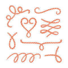 Rope cord straight curved pieces vector set. Hand drawn fisherman knots
