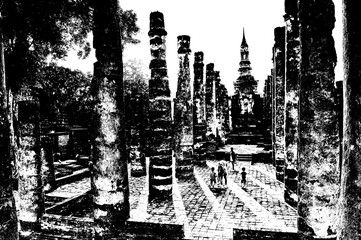 Ancient Ruins in Sukhothai World Heritage Site Black and white illustrations.