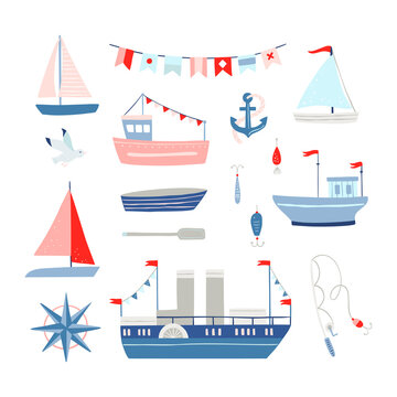 Boat vector set. Hand drawn ship and boats clipart. Sailor illustrations nautical graphic elements