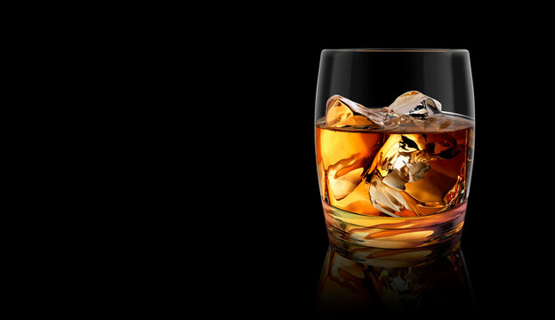 whiskey glass and ice isolated on black background. 3d render
