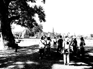 Ancient Ruins in Sukhothai World Heritage Site Black and white illustrations.