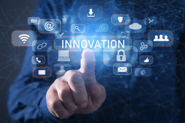 Fototapeta premium Man hand touching in Innovation concept. Internet, Business, Technology