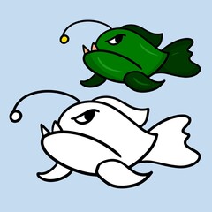 A set of color and sketch drawings, a coloring book. Predatory deep-sea green fish with sharp teeth, vector