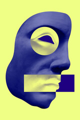 Collage with antique sculpture of mask human face in pop art style. Modern creative concept image with ancient statue head. Zine culture. Contemporary art poster. Funky punk minimalism. Unusual design