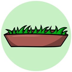 Long brown pot with seedlings, round card icon, vector cartoon illustration