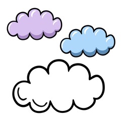 A set of cartoon multicolored light clouds and a sketch, cloudy weather, vector illustrations