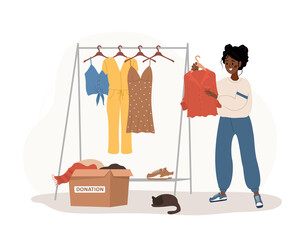 Clothes donation. African woman putting old clothes ready to be shared or recycled from wardrobe to cardboard box. Volunteering and social care. International charity day. Vector cartoon illustration.