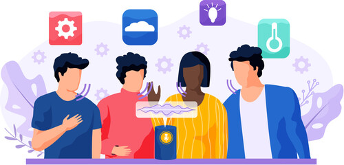 Voice assistant. Smart speaker virtual assistant, sound robot, people using voice controlled smart speaker. Voice activate digital assistant identification control contactless mobile device microphone