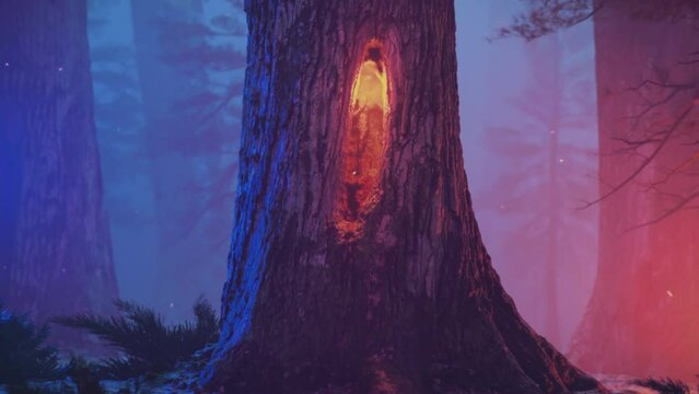 Lonely tree with a glowing hollow in a fantasy forest in the night. Golden fireflies flying around. Fantasy cinematic scene.