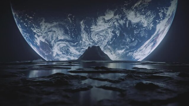 Alien planet or moon rocky landscape with pools of water. Earth like planet in the background reflecting in the liquid. Mountain on the horizon.