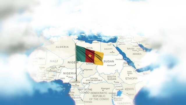 Cameroon Map And Flag With Clouds