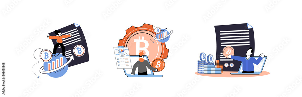 Poster cryptocurrency bitcoin mining metaphor blockchain exchange platform. cyber banking procedures, bitco