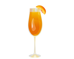 Bellini cocktail. Refreshing summer alcoholic drink with a slice of peach. A cocktail of champagne or prosecco and peach nectar. Vector illustration.