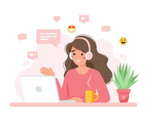 Woman working with computer, home office, student or freelancer. Customer service, call center and support. Cute concept vector illustration in flat style