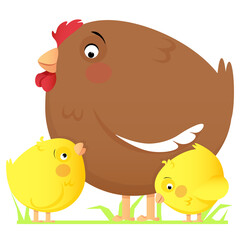 Brown round hen with two chicks