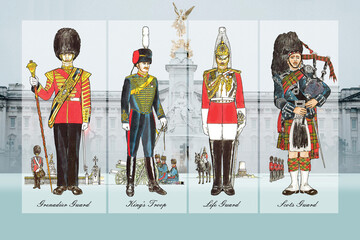 Queen's Guards. Grenadier, Lifeguard, King's Troop, Scots Guard. - obrazy, fototapety, plakaty