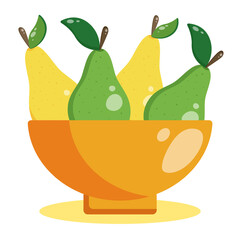 Kitchen bowl with green and yellow pears. Vector flat illustration of plate with fruit.