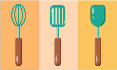 Vector flat illustration of set of kitchen accessories. Cooking tools. Kitchen background. Collection of kitchen utensils.