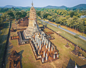 Aerial view of Wat Phra Sri Rattana Mahathat Rajaworaviharn temple and buddha in Si Satchanalai...