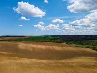 Fototapeta na wymiar Aerial view of beautiful colorful fields with blue sky and white clouds