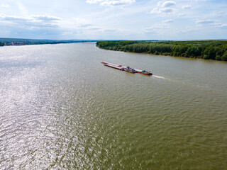 Aerial view of cargo boat on the river Danube