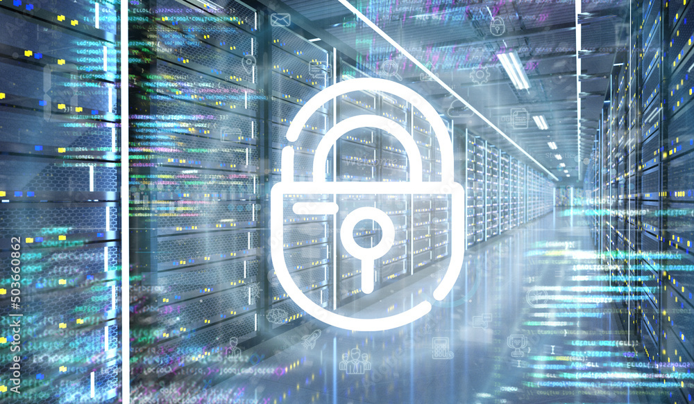 Poster digital locker icon in a server room data center - 3d rendering