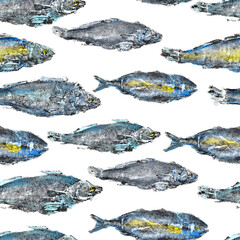 watercolor tuna blue fish print seamless pattern colored bright on white background