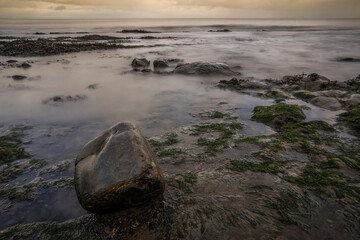 A lone rock on a British beach at sunset with green seaweed remains