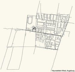 Detailed navigation black lines urban street roads map of the HAUNSTETTEN-WEST DISTRICT of the German regional capital city of Augsburg, Germany on vintage beige background