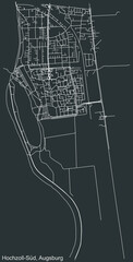 Detailed negative navigation white lines urban street roads map of the HOCHZOLL-SÜD DISTRICT of the German regional capital city of Augsburg, Germany on dark gray background