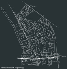 Detailed negative navigation white lines urban street roads map of the HOCHZOLL-NORD DISTRICT of the German regional capital city of Augsburg, Germany on dark gray background