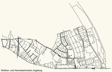 Detailed navigation black lines urban street roads map of the WOLFRAM- U. HERRENBACHVIERTEL DISTRICT of the German regional capital city of Augsburg, Germany on vintage beige background