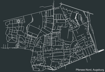 Detailed negative navigation white lines urban street roads map of the PFERSEE-NORD DISTRICT of the German regional capital city of Augsburg, Germany on dark gray background
