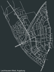 Detailed negative navigation white lines urban street roads map of the LECHHAUSEN-WEST DISTRICT of the German regional capital city of Augsburg, Germany on dark gray background